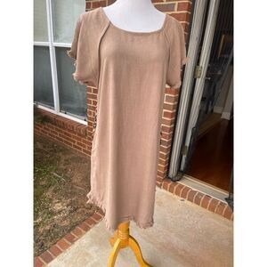 Umgee Women's High Low Frayed Hem Dress S Beige Leopard Print Back Short Sleeve